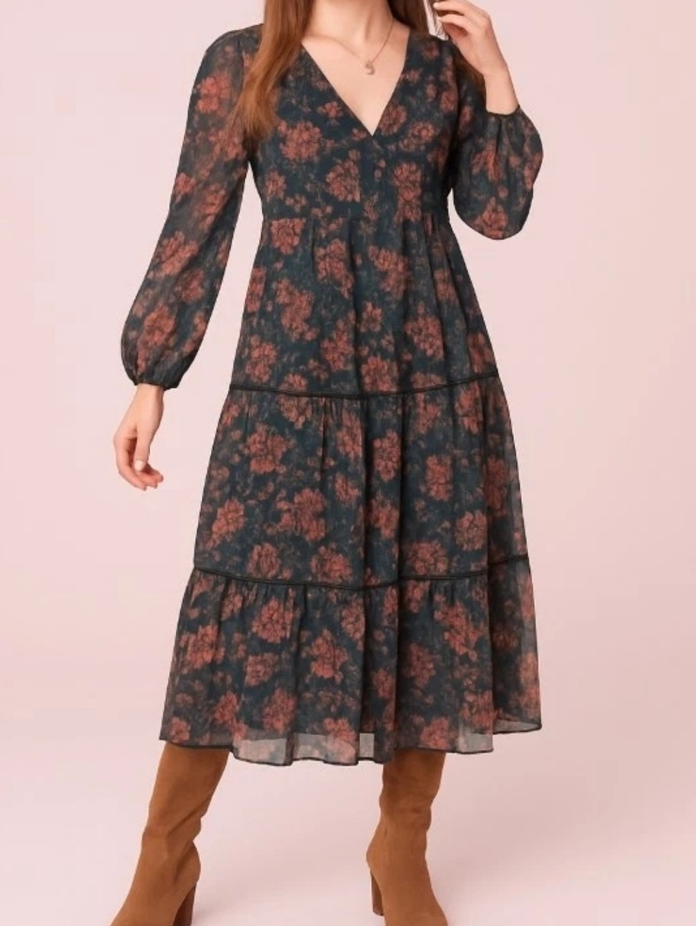 Band Of The Free Floral V-Neck Tiered Maxi Dress in Dark Teal and Rust